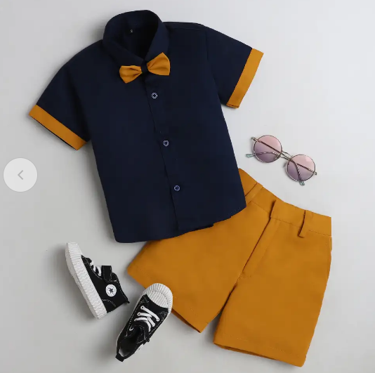 Kids Shirt Mustard Bow Tie And Shorts