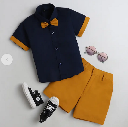 Kids Shirt Mustard Bow Tie And Shorts