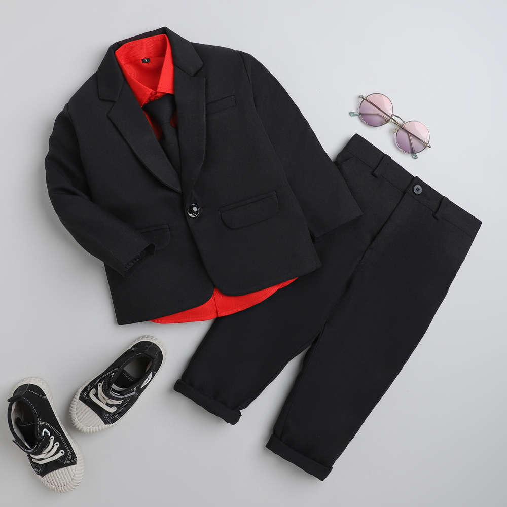 6070 Black SB Collar Coat suit with Red Satin Shirt