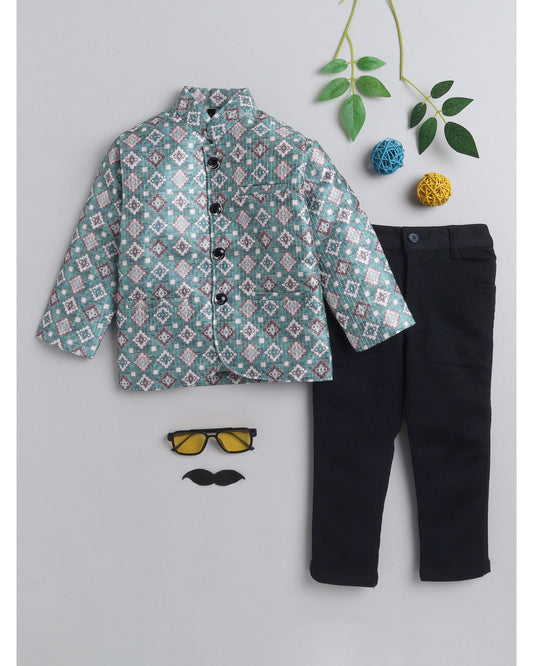 7007 teal printed Jodhpuri suit for boys