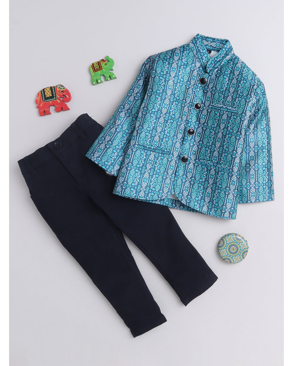 7016 navy blue printed Jodhpuri suit for boys