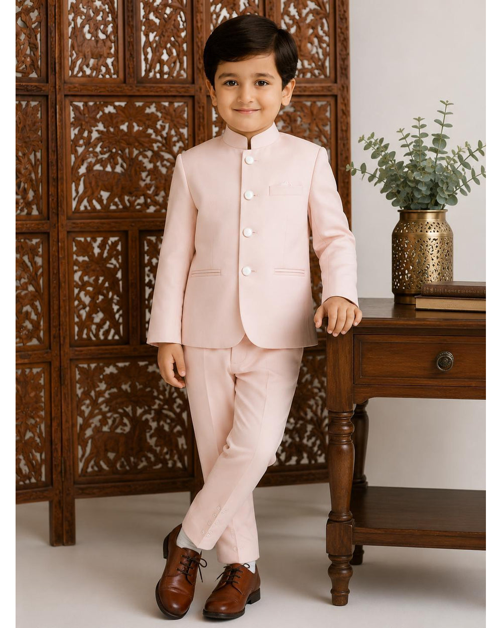6069 pastel peach Bandhgala suit for boys