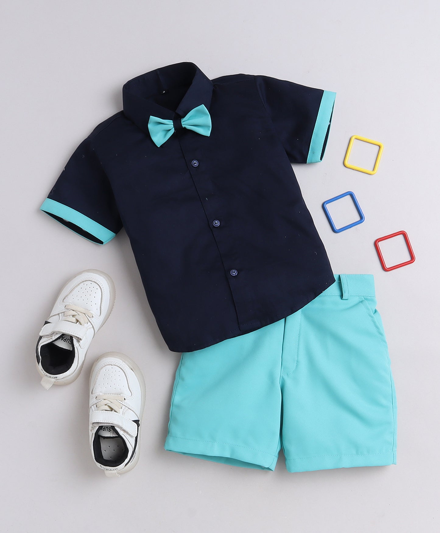 333B Kids Shirt Aqua Bow Tie And Shorts