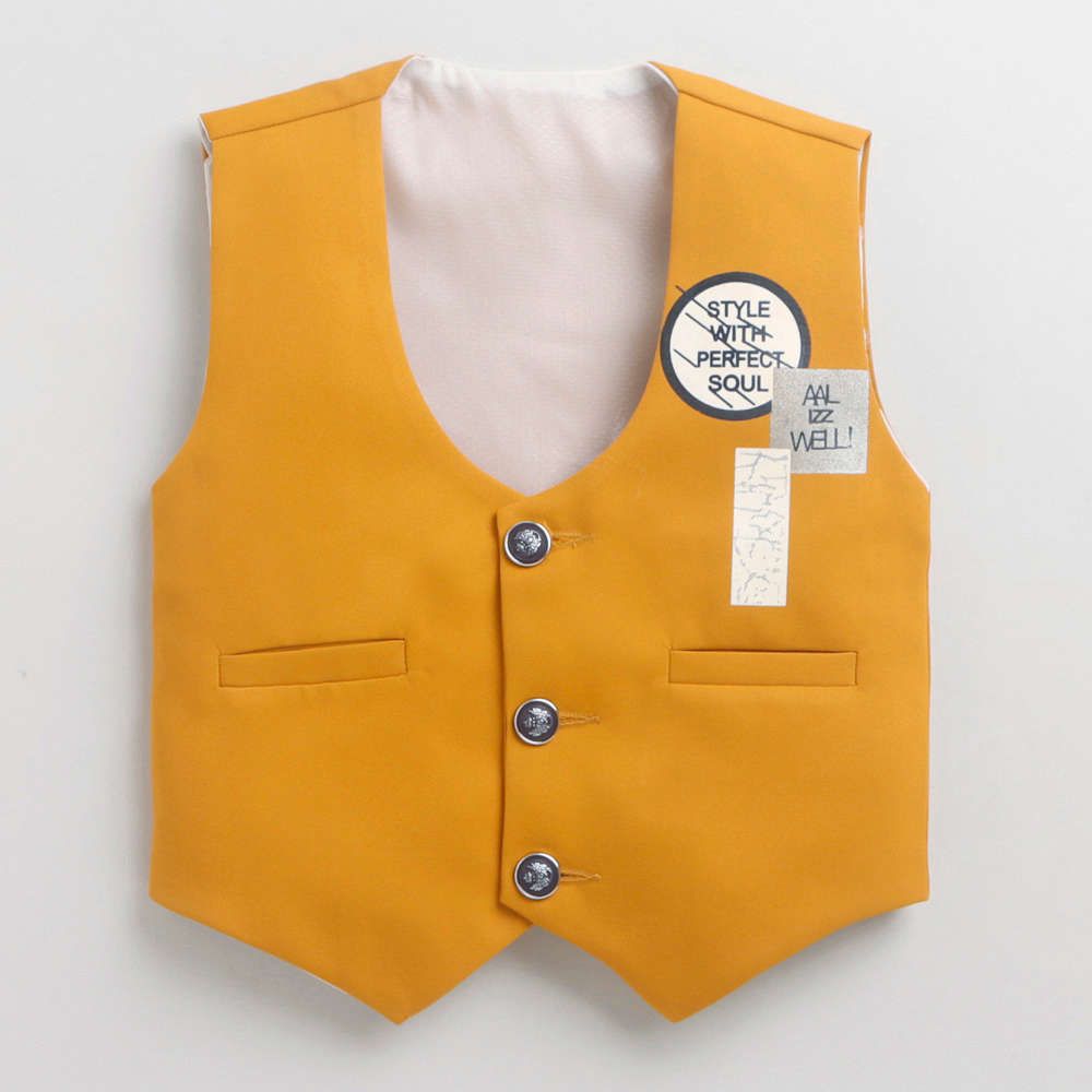 6020 Boys Mustard Full-Sleeve Shirt, Bow, Waistcoat &Pant Formal Set