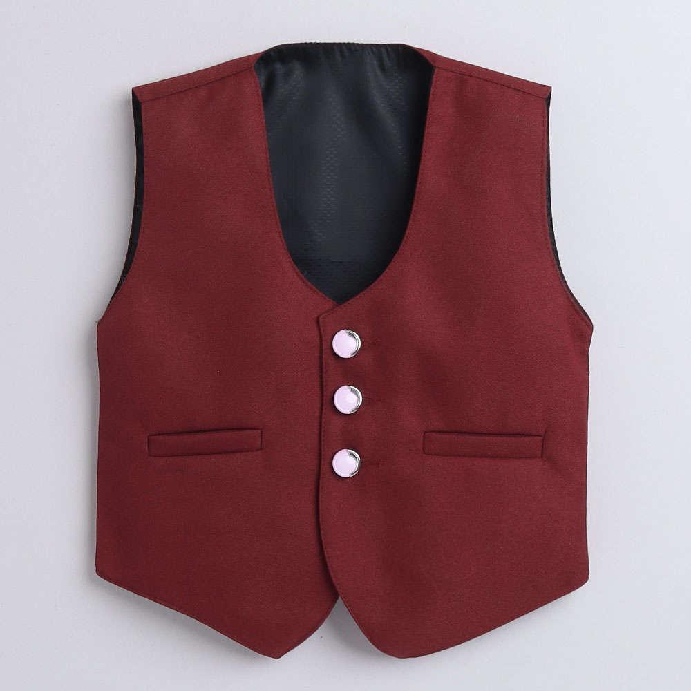 6027C Boys Maroon Solid Shirt, Pant and Waistcoat Set With Bow Tie