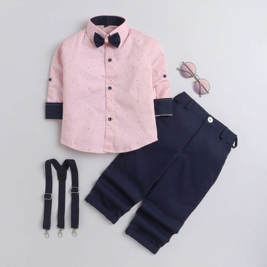 4046 Boys Pink & Navy Micro Print Shirt & Pant Set With Bow Tie & Suspender