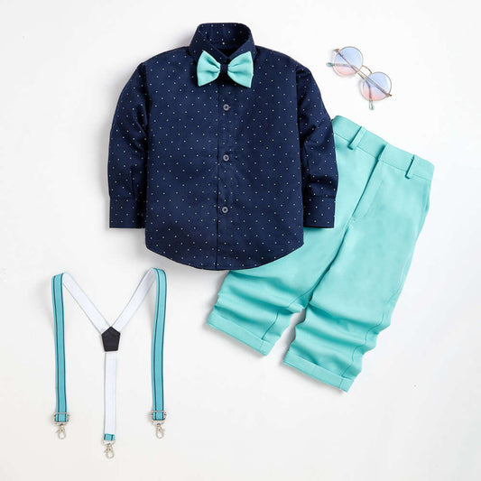 Kids Navy Blue Polka Dot Shirt With Bow Tie And Pantset
