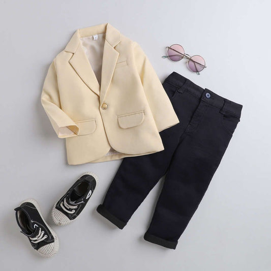 5034 Boys Beige and Black Solid Blazer & Pant Formal Set