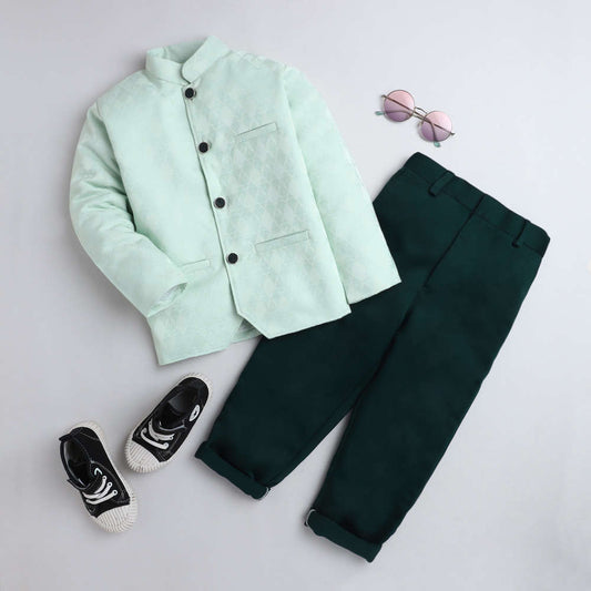 JDP Boys Mint Floral Embellished Blazer And Pant Set
