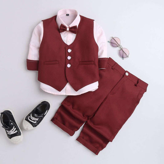 6027C Boys Maroon Solid Shirt, Pant and Waistcoat Set With Bow Tie