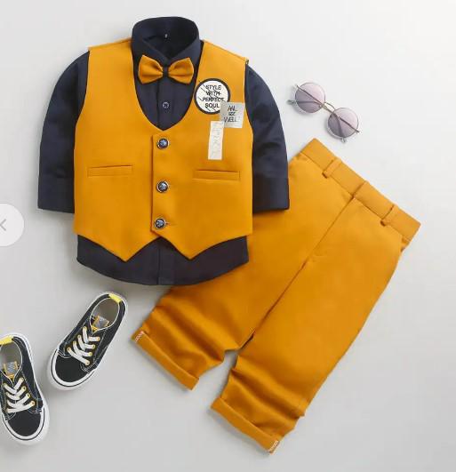 6020 Boys Mustard Full-Sleeve Shirt, Bow, Waistcoat &Pant Formal Set